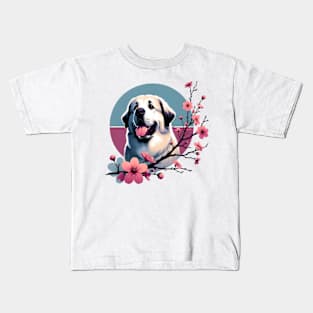 Pyrenean Mastiff Joy in Spring's Cherry Blossom Bloom Kids T-Shirt